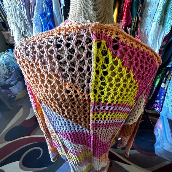 Free People Chasing Rainbows Tropical Combo Open Front Knit Maxi Cardi Kimono - Picture 11 of 14